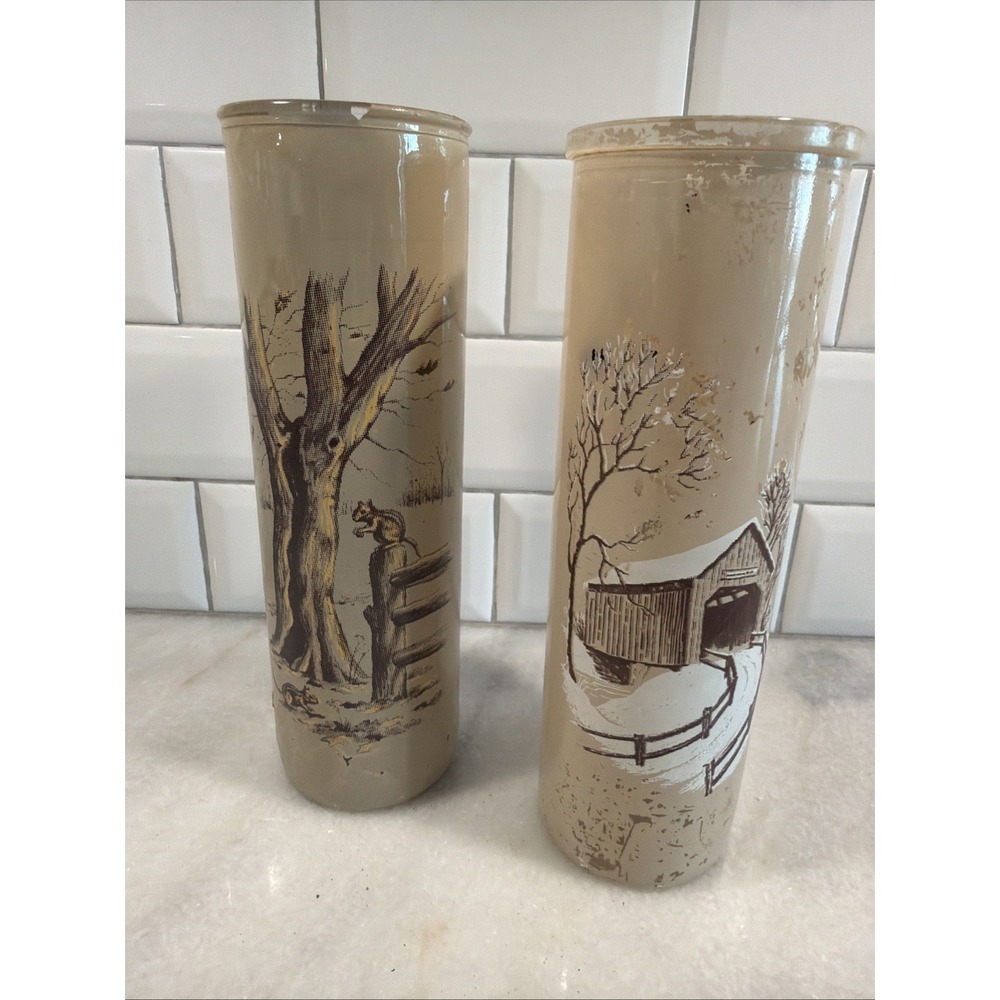 Vintage Set Of 2 Glass Pillar Candles Forest Covered Bridge Scenes